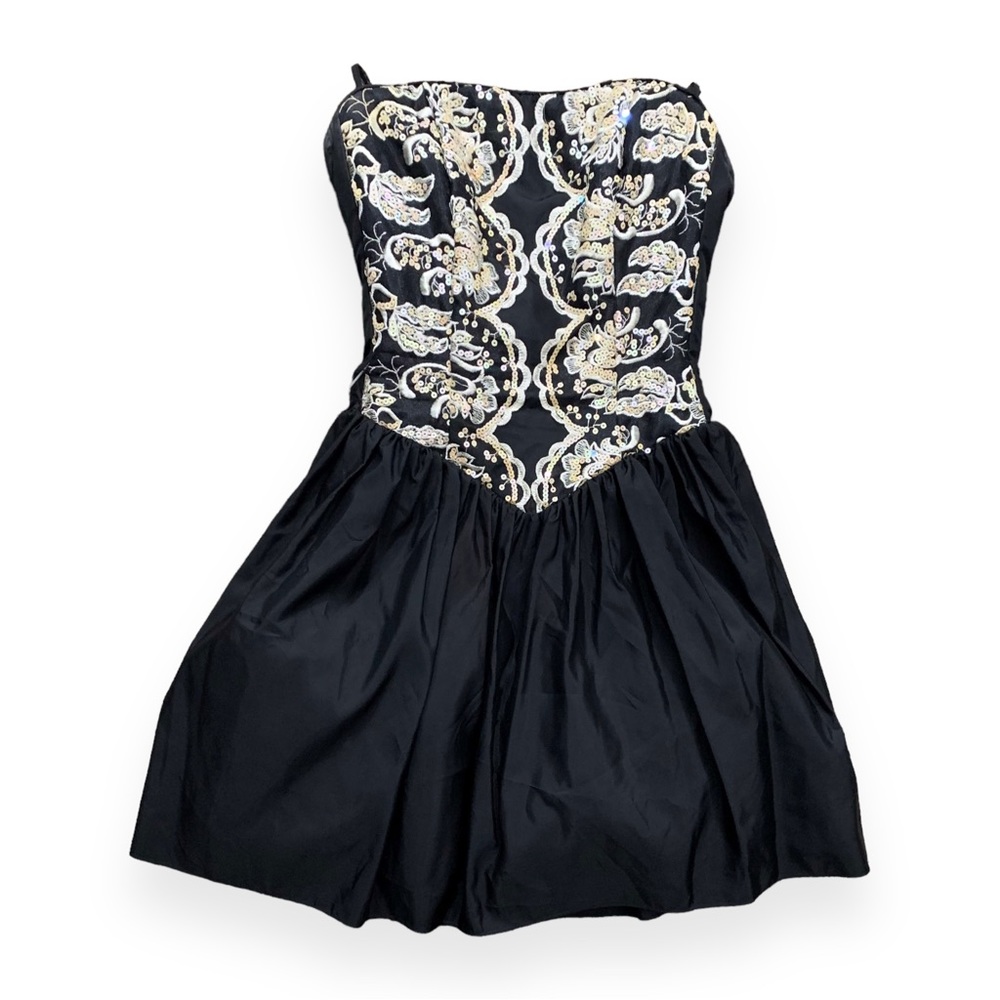 VTG 80s Gunne Sax Black Satin Strapless Mini Dress with Bow Appliqué
